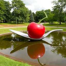 photo of an enormous sculpture of a cherry on the tip of a horizontal spoon, in the middle of a small pond, within a park.