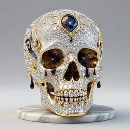 beautiful 3 d render of a skull ornamented in diamonds dripping liquid onyx!!!!!!!!!!!!!!!!!! by billelis + gold and marble sculpture + gold filigree + kintsugi!!!, intricate galaxy inlay, transcendent, clean linework, finely detailed, 4 k, trending on artstation, photorealistic, volumetric lighting, octane render