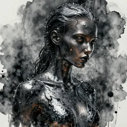 fierce wet fashion model, in the style of irakli nadar, liquid metal, effervescent, dark, brooding, poster art, high detail, hyperrealistic watercolor, deep mood, hyperrealism, 3 d,