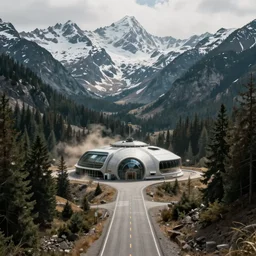 an expansive view of a futuristic containment building with a road leading up to it in a forested valley and snow - capped mountains in the distance, national geographic, hyper realistic, 4 k, dusty light