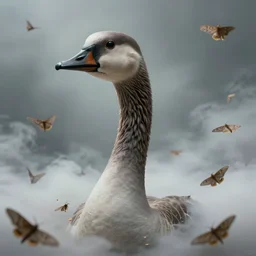 close - up of a woman with a long goose - like neck, in cloud of moths. in a liminal space. dramatic. cinematic. concept art. 4 k, ultra - high - definition