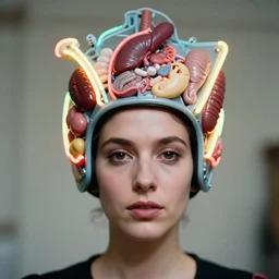 realistic dramatic close crop portrait of a blurred face of a queen, she is wearing a head piece made of neon plastic that holds human organs inside, emitting aura, 1 9 6 0, life magazine photo, natural colors, metropolitan museum, kodak, 8 k, very detailed, high resolution, product photo,