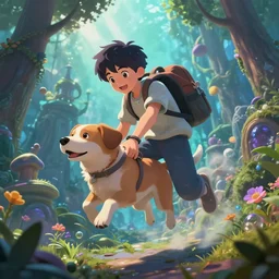 a young anime boy and his dog are sucked into a fantasy realm, made by Stanley Artgerm Lau, WLOP, Rossdraws, ArtStation, CGSociety, concept art, cgsociety, octane render, trending on artstation, artstationHD, artstationHQ, unreal engine, 4k, 8k,