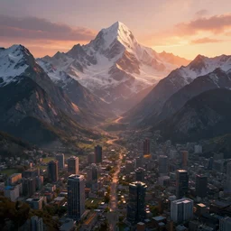 beautiful sunset over detailed cyberpunk suburb in a valley surrounded by epic mountains with snowtops, sharp, highly detailed, hyperrealistic, kacper niepokolczycki, artgerm, syd mead, 4 k, perfect geometry