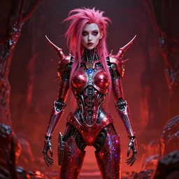 a detailed cinematic symmetric wide shot render of Grimes as a cyborg covered with glitter in hell