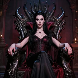 photograph of a real-life beautiful vampire queen  sitting on a demonic throne.  Extremely detailed. 8k