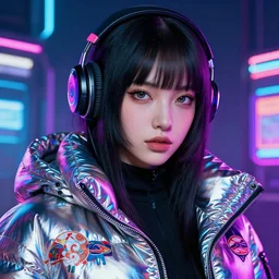 detailed portrait Neon Operator Girl, cyberpunk futuristic neon, reflective puffy coat, decorated with traditional Japanese ornaments by Ismail inceoglu dragan bibin hans thoma greg rutkowski Alexandros Pyromallis Nekro Rene Maritte Illustrated, Perfect face, fine details, realistic shaded, fine-face, pretty face