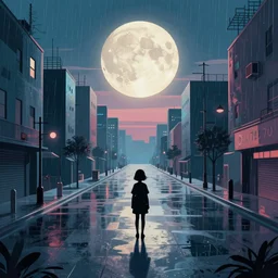 an immaculate isometric cinematic keyframe matte painting of the silhouette of a young japanese girl standing in a wide sleek empty street 1 9 7 0 s vaporwave rust belt city at dusk with an oversized moon, just after the rain has cleared. by eric lafforgue, glennray tutor and edward hopper, greg rutkowski. trending on artstation.