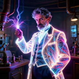 nikolai tesla in his lab, glowing jacket, electrical arcs, neon glow, highly detailed, digital art, intricate, dramatic lighting, steampunk, neon colors, cinematic, art by norman rockwell, greg rutkowski, beksinski
