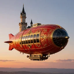 airborne steampunk dirigible zeppelin with black glass windows, strongly resembling neuschwanstein castle and frauenkirche dresden, resembling us aircaft carrier, imperial bavarian and prussian, red and gold and black, dieselpunk, german baroque, napoleonic, floating above 1 8 5 0 s bavaria, gorgeous sunset by david levy vyle art, artstation