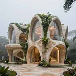 one point perspective photo of a futuristic biomimicry oasis house facade made of vaults + sandstone tiles + the facade is elegant and made of a biomimicry nature algae with ornate patterns + led light + spiral stairs + photo taken on a misty morning + architectural photography, 8K, photorealistic