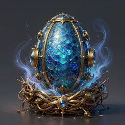 symmetric ！ a steampunk manufactured mystical canal blue egg by precision machinery covered with huge electroplated squama ， in the magic nest, magic surge, intricate, unreal engine 5, concept art ， by greg rutkowski, loish, highly rendered, digital painting, artstation hq