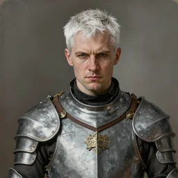 portrait painting of a cocky man with short white hair wearing a grey pelt gambeson, late 2 0 s. sharp focus, award - winning, trending on artstation, masterpiece, highly detailed, intricate. art by james ryman