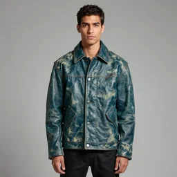an award - winning photo of a male model wearing a baggy teal distressed medieval leather menswear jacket by boris issey miyake, 4 k, studio lighting, wide angle lens