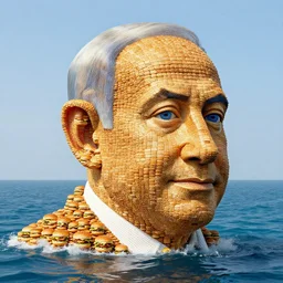 a giant benjamin netanyahu head sculpture in the sea made out of thousands of small hamburgers, long shot, hyper detailed, hyper realistic, ray tracing, 8 k resolution, sharp focus, realistic water, award winning