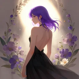girl with purple hair and black skirt, flower decoration on the background, a beautiful half body illustration, backlit, harsh overhead sunlight, art by piotr jablonski and sergey kolesov