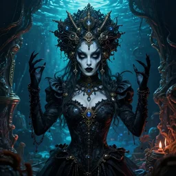 beautiful stella maeve magician, black magic spells, in the style of joshua middleton, creepy pose, spooky, symmetrical face and body, vibrant cinematic lighting, detailed realistic symmetrical eyes, insanely detailed and intricate elegant, aquapunk, titian, bioshock, underwater home