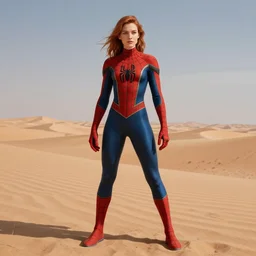 Aloy, SPIDERMAN standing confidently, desert in the background, natural lighting, digital painting, concept art, smooth, sharp focus, illustration, single character full body, rule of thirds, from Horizon: Zero Down, by Ruan Jia and Mandy Jurgens and Greg Rutkowski and Artgerm and William-Adolphe Bouguerea