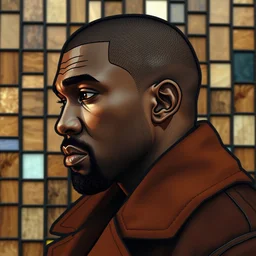 detailed portrait of kanye west profile view, side view, m, brown coat, shaved head, slight stubble, stained glass art, by alphonse mucha, brown mosaic background, very masterful, no artifacts