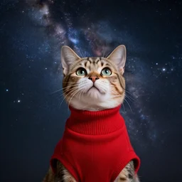 a bust portrait of a cat in a red turtleneck pullover being mesmerized by the vastness of space, the milky way galaxy in the background