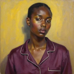 detailed portrait in femininity, ethnic, realistic face sculpted features, statuesque model leaning, modern fashion, pajamas, warm glow, supple, bathed in light, chiaroscuro, specular highlights, angular impressionism, radiosity, plum and yellow color scheme, deep rich tones, contemporary art, oil on canvas