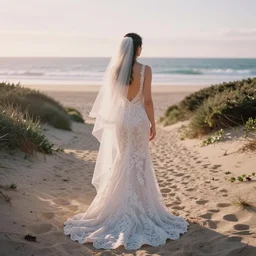 analog photograph of beautiful woman from the back, wearing a long flowing trumpet style lace wedding dress and veil in a australian beach on a small sand pathway, golden hour, by mark owen. pastel colours. light rays. bokeh. cinematic. hq. detailed. contrast. cinestill 8 0 0 t
