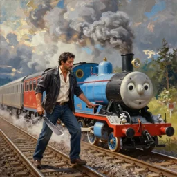 danny trejo with a machete on the train tracks withthomas the tank engine, an oil painting by ross tran and thomas kincade