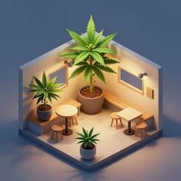 isometric cartoon of minimalist shop cafe decorated with a few cannabis 🪴 leaf planters. by benoit b. mandelbrot, render pixar palette