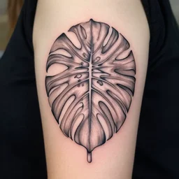 a thin detailed black line drawn tattoo of a monstera deliciosa leaf, intricate details, ornamental, elegant, symmetrical!! symmetrical - tatoo!!
