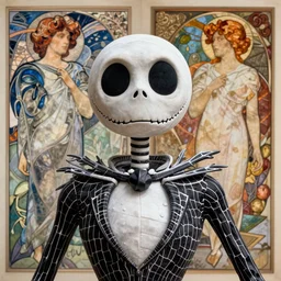 symmetry, concept art by artgerm, distance portrait of a hyper realistic, frowning, sad jack skellington by greg rutkowski, alphonse mucha, octane render, highly detailed, high quality, 8 k, soft lighting, path traced, and uang guangjian and gil elvgren, symmetry!!