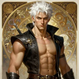 painted gambit rugged young colin farrell as gambit by greg rutkowski craig mullins artgerm alphonse mucha, white hair handsome muscular upper body background fantasy intricate elegant detailed digital painting concept art artstation sharp focus illustration