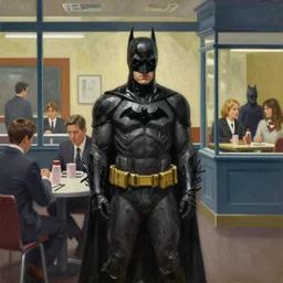 robert pattinson's batman in the cafeteria of the nighthawks painting by edward hopper, oil on canvas painting, 1 9 4 2, american realism, highly detailed.