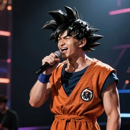 photorealistic Goku singing at Sanremo