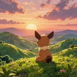 cute pokemon growlithe. Growlithe pokemon is sat alone on a hill. Growlithe is looking at a beautiful dreamy hilly verdant landscape at sunset