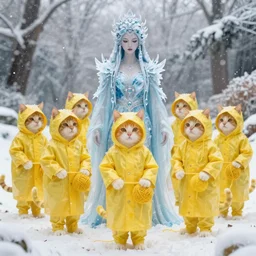 a cult of yellow raincoat wearing cats summon an ice goddess. There is fresh fallen snow by their feet. They all carry balls made of yarn at their waists.