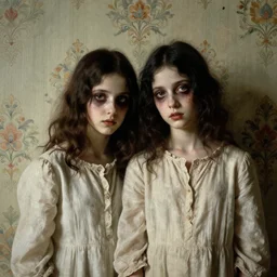 a beautiful and eerie baroque painting of a brother and sister who are beautiful but creepy, wearing pale linen, with haunted eyes and dark hair, 1 9 7 0 s, seventies, wallpaper, a little blood, morning light showing injuries, delicate embellishments, painterly, offset printing technique, by brom, robert henri, walter popp