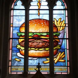 a church with stained glass windows depicting a hamburger and french fries.