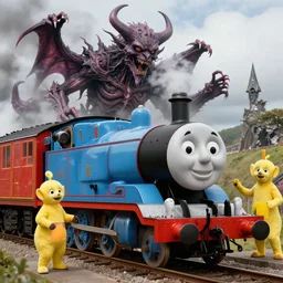 still frame from thomas and friends by giger, happy teletubbies train by wayne barlowe, eldrich see thomas train by beksinski, grandiose demonic train with locomotive