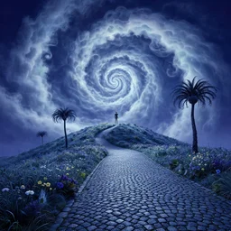 blue tones, curled perspective digital art of spiral clouds cobblestone street with wildflowers top of a hill with curly palmtrees by anton fadeev from nightmare before christmas