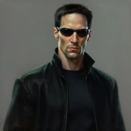 illustration of Neo (Matrix) in the style of John Kenn Mortensen, realistic painting, high definition, digital art, matte painting, very detailed, realistic