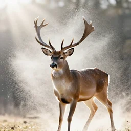 A still of a deer exploding in slow motion, sparkles and sun rays, hyperrealistic, photo realistic, realistic, beautiful white lighting, in the middle of the day, hyperdetailed, very detailed