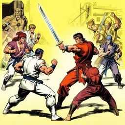 vintage comic, greg rutkowski man with long sword fighting several martial artists at once