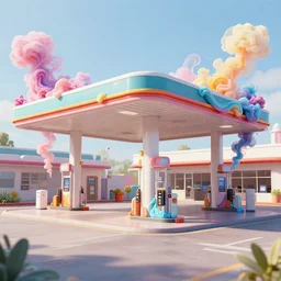 an insanely intricate photo of a gas station full of insane detailed colorfull smoke fluid, clean architecture, pastel colored, intricate detailed 3 d render, hyper realistic intricate acrilic fluid art, intense colors, wide shot, octane render, concept art, daylight, peaceful, 8 k