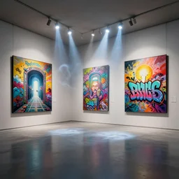 interior futuristic art gallery wide angle highly detailed by ricardo boffil, wall hanging paintings of grafitti art ( ( portals ) ) by saturno butto and wlod, captivating 8 k hdr, octane render godrays ( ethereal ghost motion blur )