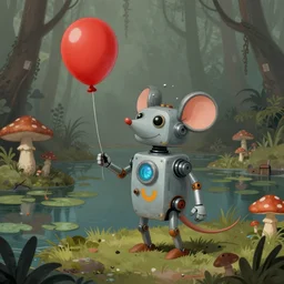 adventurer ( ( ( ( ( 1 9 5 0 s retro future robot android mouse and knome holding a red balloon. muted colors. swamp mushrooms island, lillie pads ) ) ) ) ) by jean baptiste monge!!!!!!!!!!!!!!!!!!!!!!!!! chrome red