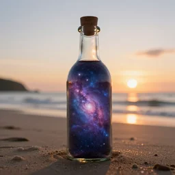the universe inside a bottle on the beach at sunset