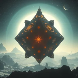 sci - fi space base, bad omens, a lonely floating magnificent tetrahedron spacecraft, mystical symbols glowing!! medium long shot. octane render, deep space, ultra clear detailed!! digital art, by stanley artgerm lau, greg rutkowski, thomas kindkade, alphonse mucha, loish, norman