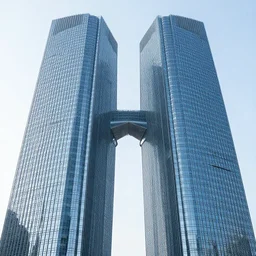 skyscraper made of two symmetrical parts with gap in the middle, photorealistic, slick, smooth, modern, futuristic, glassy, reflective, streamlined