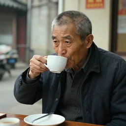 a cctv photo of a old man driking coffe