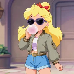 Princess Daisy wearing sunglasses, an aviator jacket and jorts, eating bubblegum, face and body, art by Greg Hildebrandt